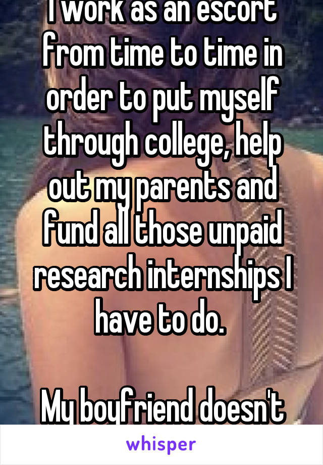 I work as an escort from time to time in order to put myself through college, help out my parents and fund all those unpaid research internships I have to do. 

My boyfriend doesn't know. 