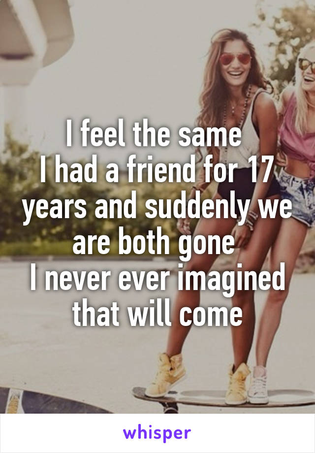 I feel the same 
I had a friend for 17 years and suddenly we are both gone 
I never ever imagined that will come