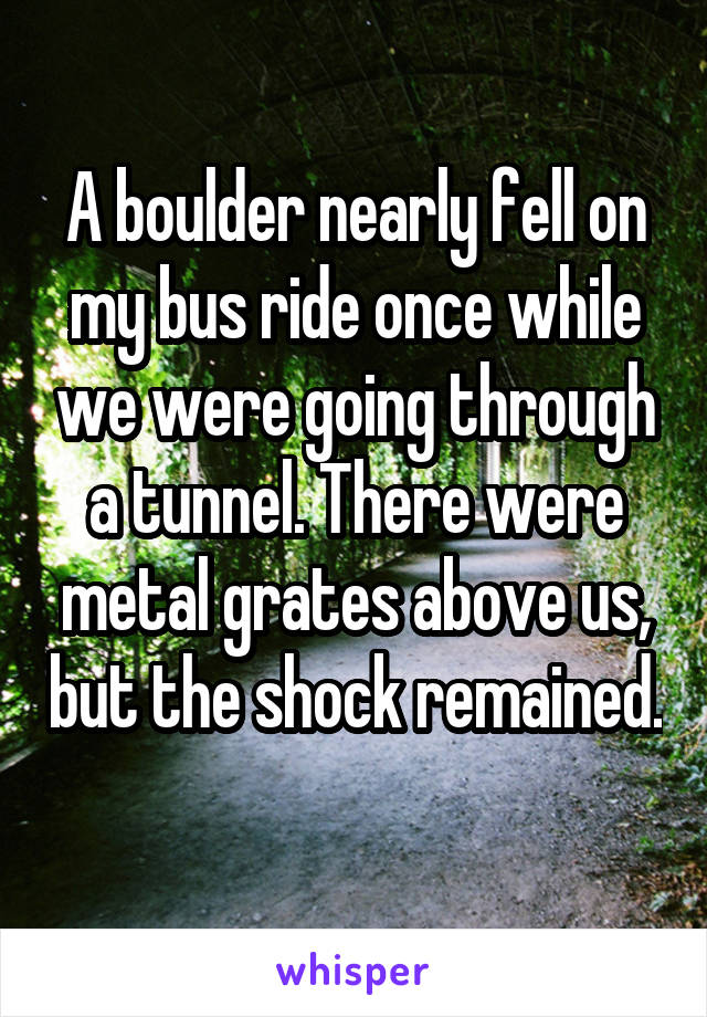 A boulder nearly fell on my bus ride once while we were going through a tunnel. There were metal grates above us, but the shock remained. 