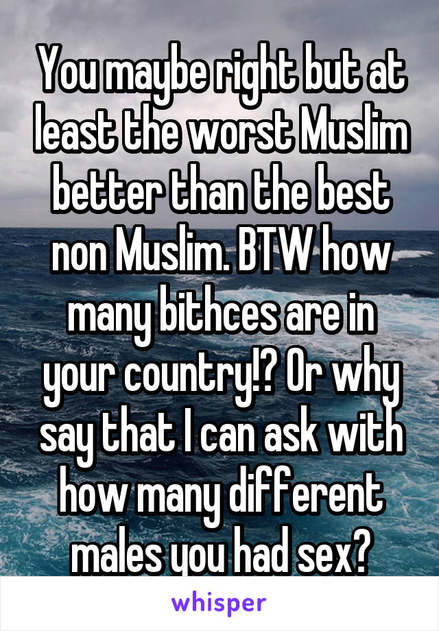 You maybe right but at least the worst Muslim better than the best non Muslim. BTW how many bithces are in your country!? Or why say that I can ask with how many different males you had sex?