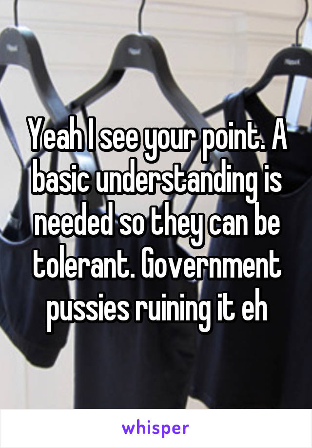 Yeah I see your point. A basic understanding is needed so they can be tolerant. Government pussies ruining it eh