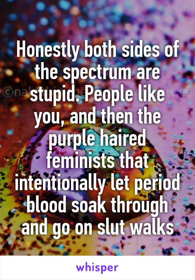 Honestly both sides of the spectrum are stupid. People like you, and then the purple haired feminists that intentionally let period blood soak through and go on slut walks