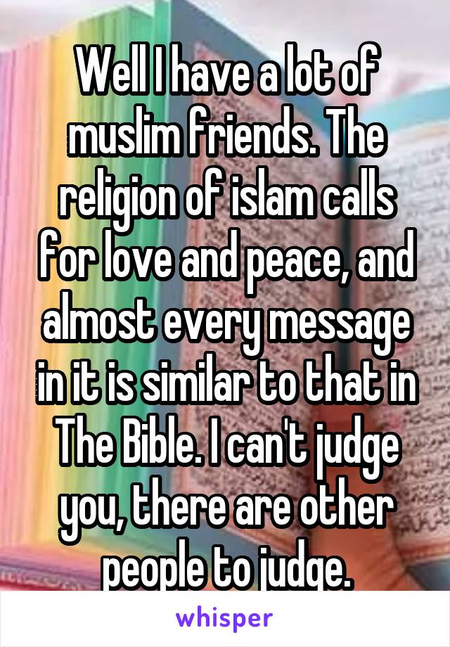 Well I have a lot of muslim friends. The religion of islam calls for love and peace, and almost every message in it is similar to that in The Bible. I can't judge you, there are other people to judge.