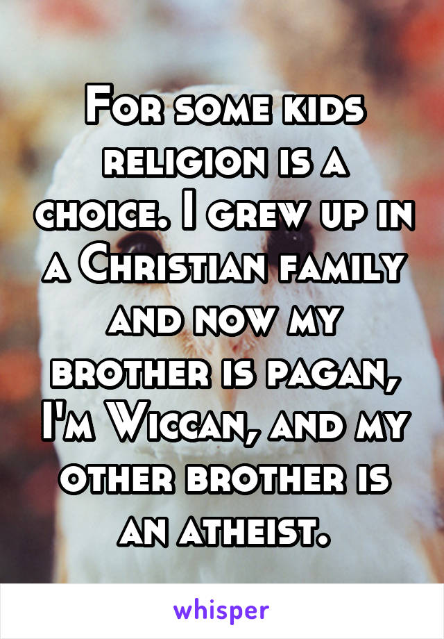 For some kids religion is a choice. I grew up in a Christian family and now my brother is pagan, I'm Wiccan, and my other brother is an atheist.