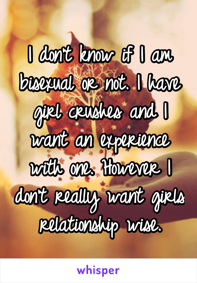 I don't know if I am bisexual or not. I have girl crushes and I want an experience with one. However I don't really want girls relationship wise.