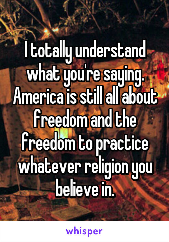 I totally understand what you're saying. America is still all about freedom and the freedom to practice whatever religion you believe in.