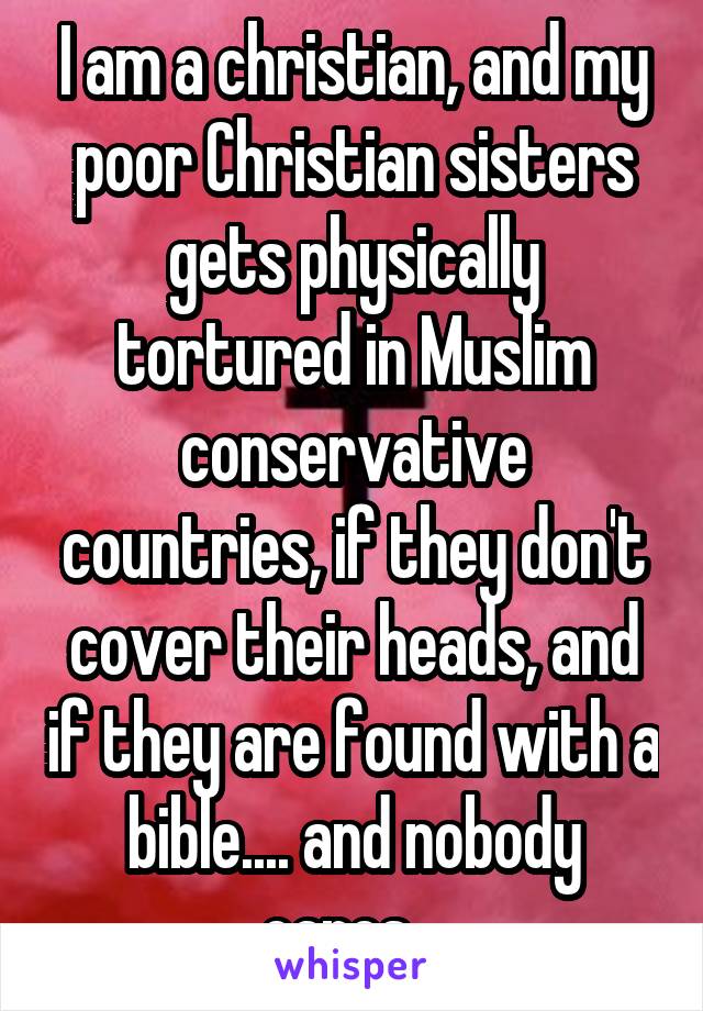 I am a christian, and my poor Christian sisters gets physically tortured in Muslim conservative countries, if they don't cover their heads, and if they are found with a bible.... and nobody cares.  