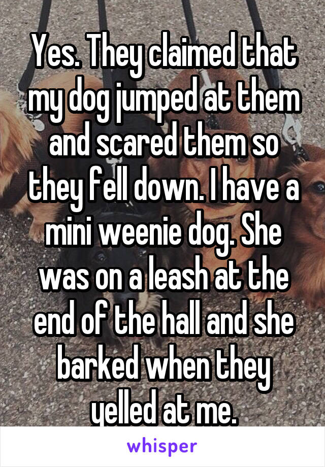 Yes. They claimed that my dog jumped at them and scared them so they fell down. I have a mini weenie dog. She was on a leash at the end of the hall and she barked when they yelled at me.