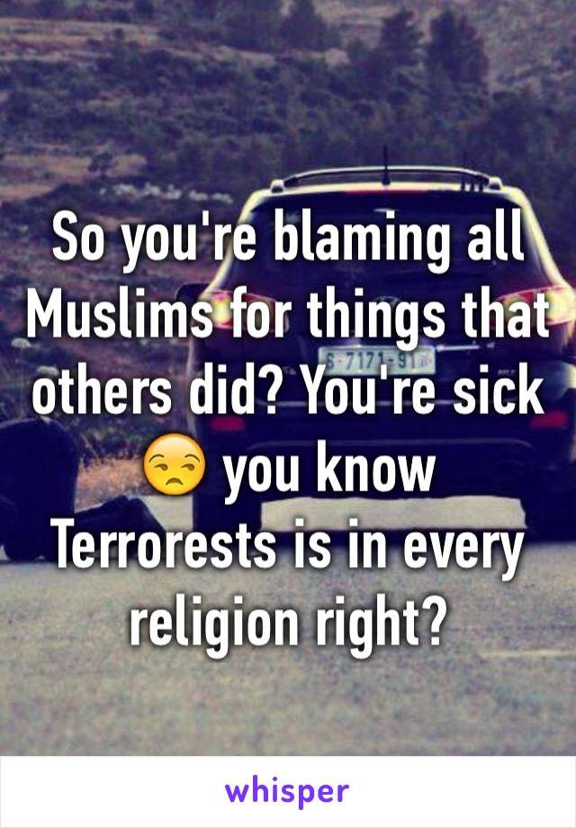 So you're blaming all Muslims for things that others did? You're sick 😒 you know Terrorests is in every religion right?