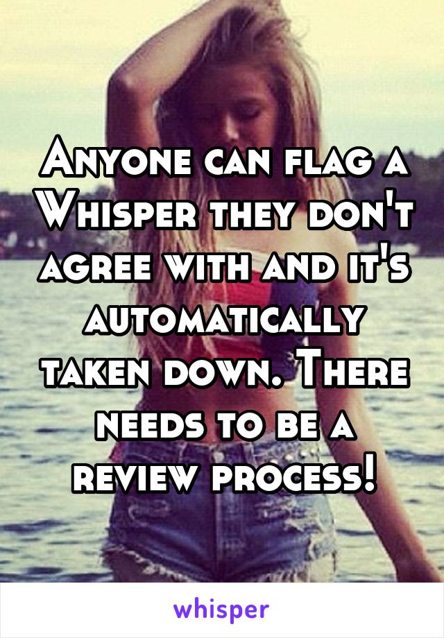 Anyone can flag a Whisper they don't agree with and it's automatically taken down. There needs to be a review process!