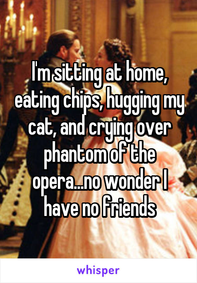 I'm sitting at home, eating chips, hugging my cat, and crying over phantom of the opera...no wonder I have no friends