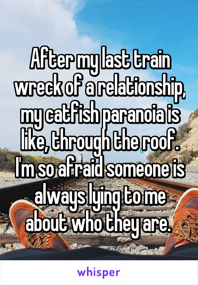 After my last train wreck of a relationship, my catfish paranoia is like, through the roof. I'm so afraid someone is always lying to me about who they are. 