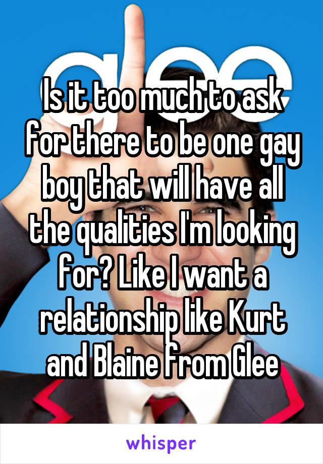 Is it too much to ask for there to be one gay boy that will have all the qualities I'm looking for? Like I want a relationship like Kurt and Blaine from Glee