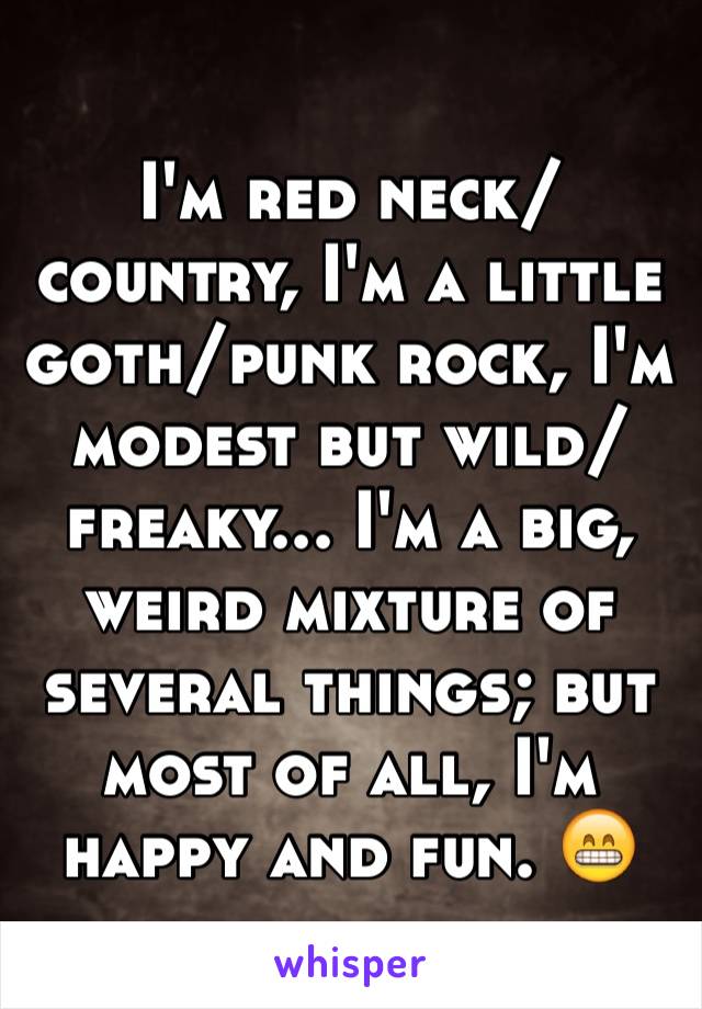 I'm red neck/country, I'm a little goth/punk rock, I'm modest but wild/freaky... I'm a big, weird mixture of several things; but most of all, I'm happy and fun. 😁