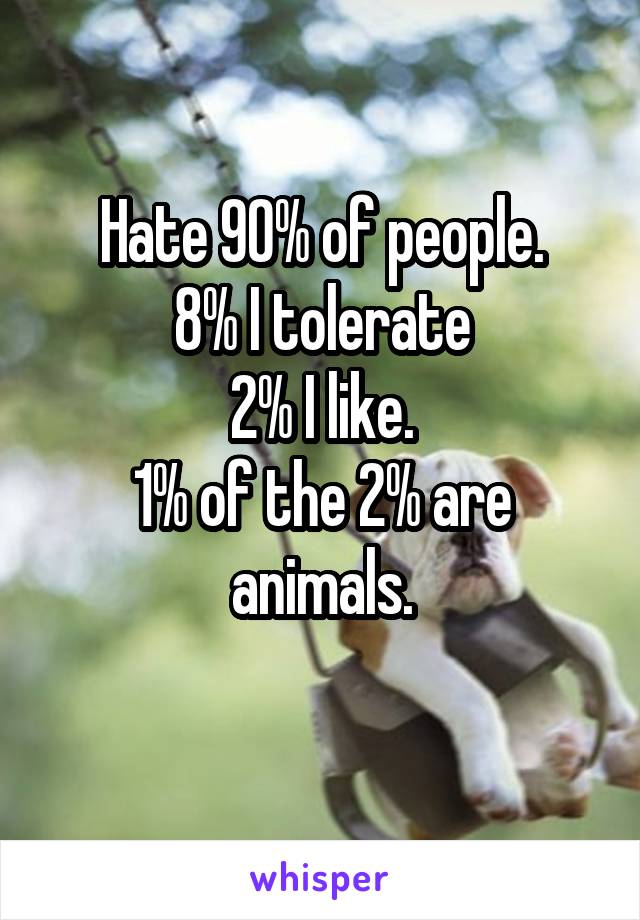 Hate 90% of people.
8% I tolerate
2% I like.
1% of the 2% are animals.
