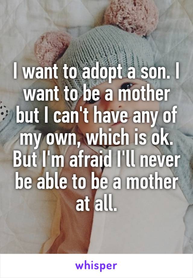 I want to adopt a son. I want to be a mother but I can't have any of my own, which is ok. But I'm afraid I'll never be able to be a mother at all.