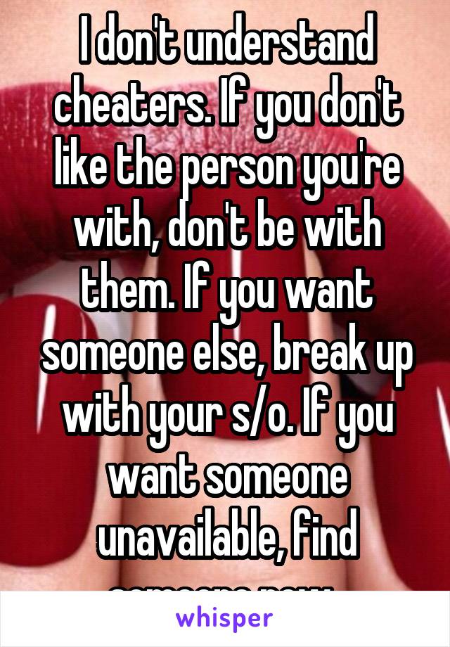 I don't understand cheaters. If you don't like the person you're with, don't be with them. If you want someone else, break up with your s/o. If you want someone unavailable, find someone new. 