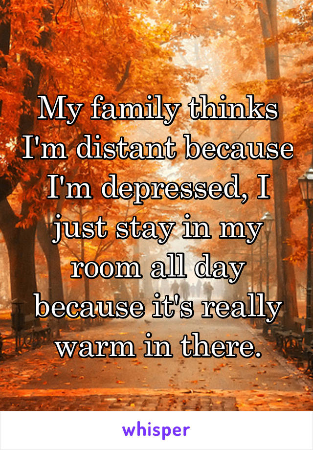 My family thinks I'm distant because I'm depressed, I just stay in my room all day because it's really warm in there.