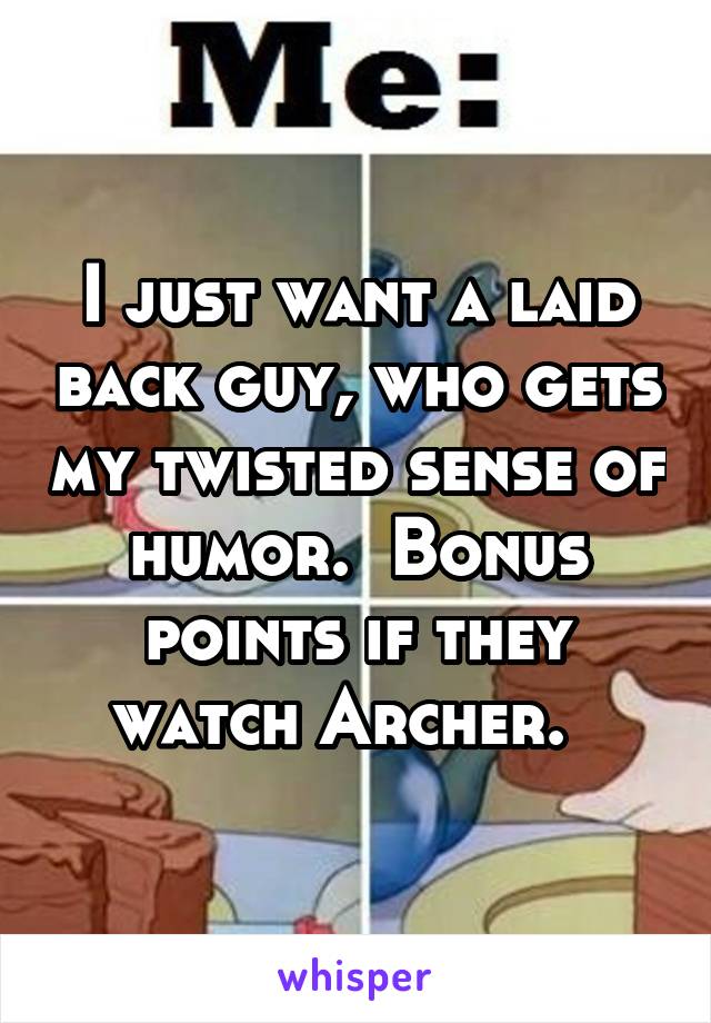 I just want a laid back guy, who gets my twisted sense of humor.  Bonus points if they watch Archer.  