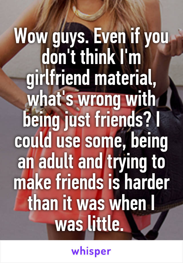 Wow guys. Even if you don't think I'm girlfriend material, what's wrong with being just friends? I could use some, being an adult and trying to make friends is harder than it was when I was little. 