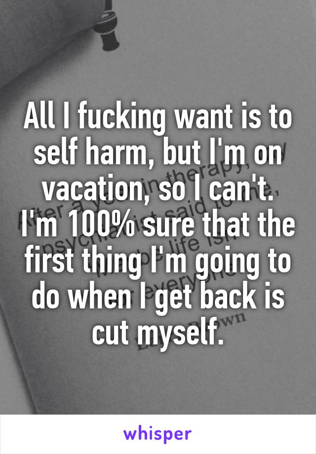 All I fucking want is to self harm, but I'm on vacation, so I can't. I'm 100% sure that the first thing I'm going to do when I get back is cut myself.