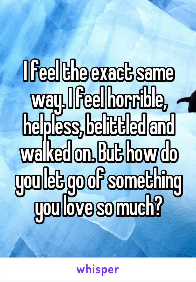 I feel the exact same way. I feel horrible, helpless, belittled and walked on. But how do you let go of something you love so much?