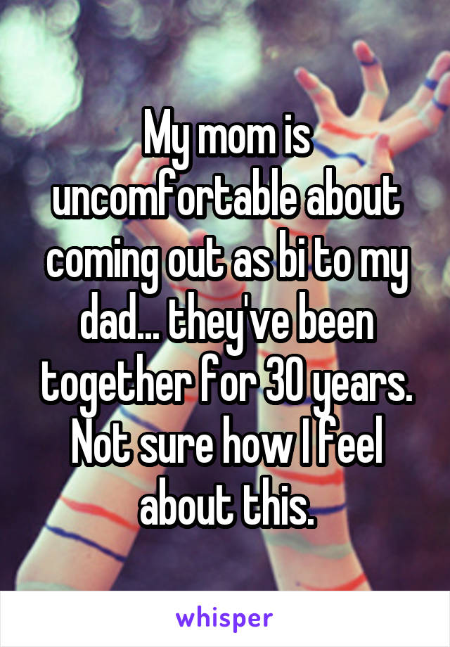 My mom is uncomfortable about coming out as bi to my dad... they've been together for 30 years.
Not sure how I feel about this.