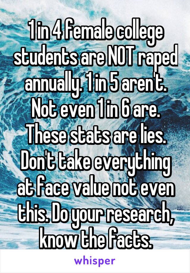 1 in 4 female college students are NOT raped annually. 1 in 5 aren't. Not even 1 in 6 are. These stats are lies. Don't take everything at face value not even this. Do your research, know the facts.