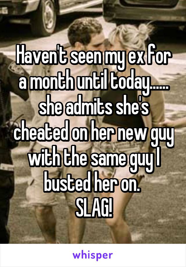 Haven't seen my ex for a month until today...... she admits she's cheated on her new guy with the same guy I busted her on. 
SLAG!