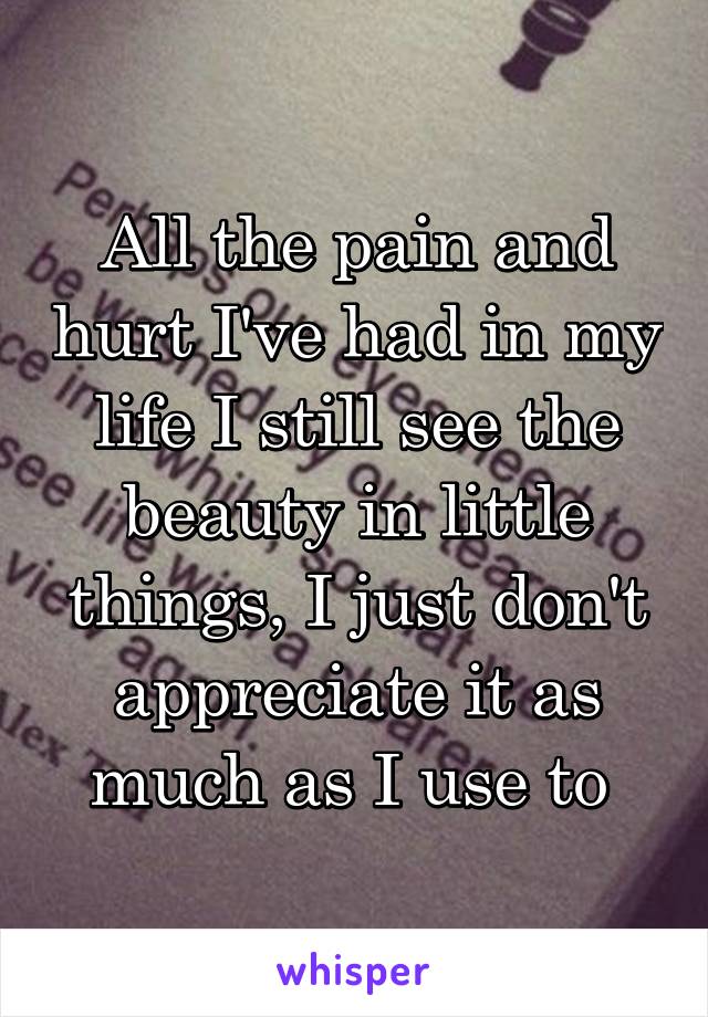 All the pain and hurt I've had in my life I still see the beauty in little things, I just don't appreciate it as much as I use to 