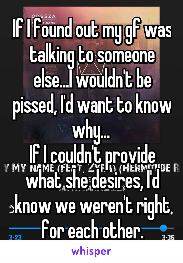 If I found out my gf was talking to someone else...I wouldn't be pissed, I'd want to know why... 
If I couldn't provide what she desires, I'd know we weren't right for each other.