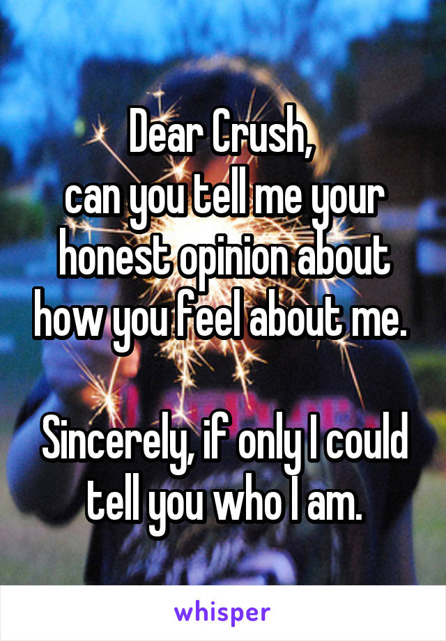 Dear Crush, 
can you tell me your honest opinion about how you feel about me. 

Sincerely, if only I could tell you who I am.