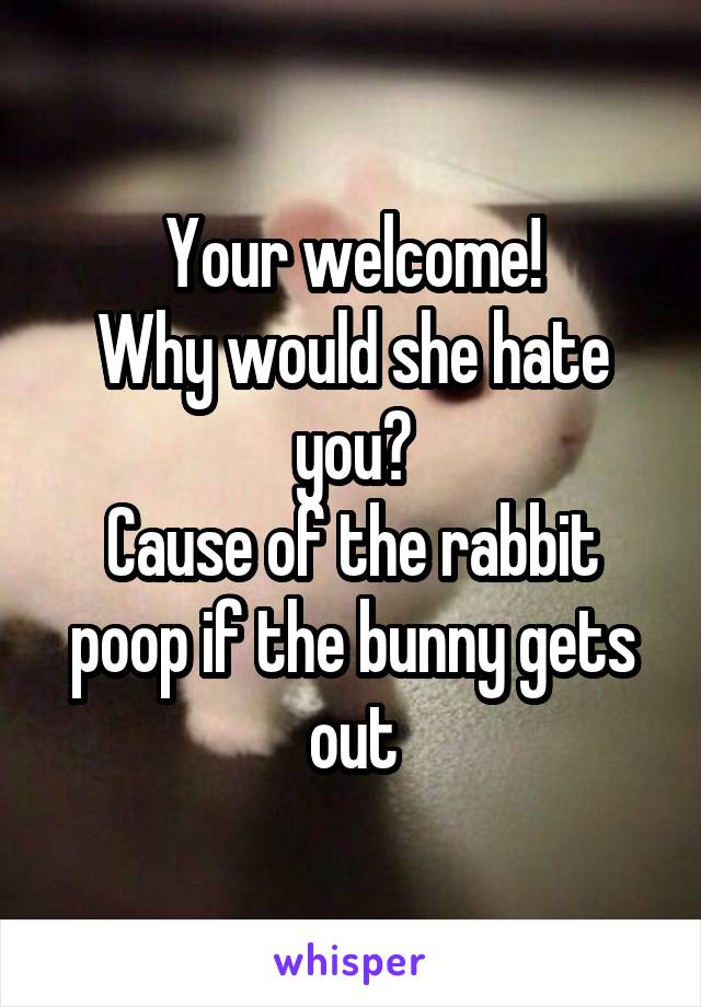 Your welcome!
Why would she hate you?
Cause of the rabbit poop if the bunny gets out