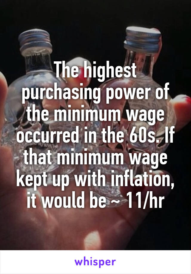 The highest purchasing power of the minimum wage occurred in the 60s. If that minimum wage kept up with inflation, it would be ~ 11/hr