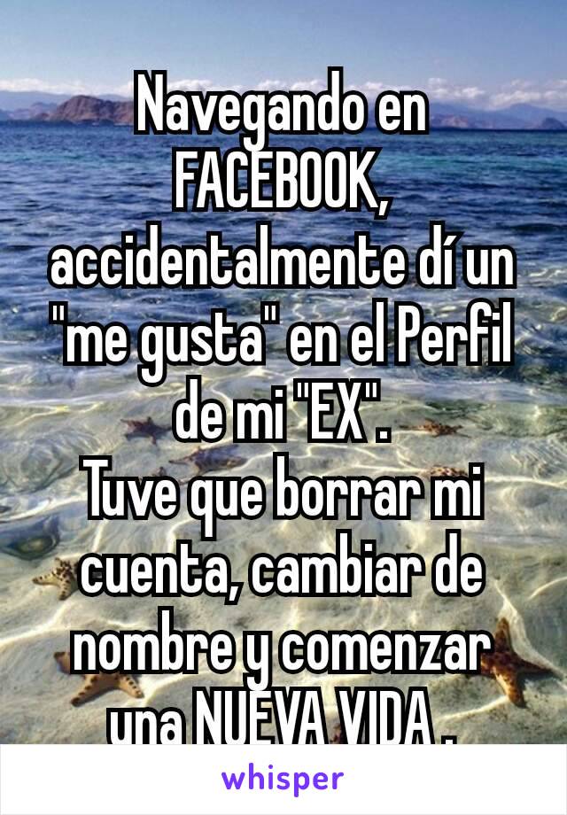 Navegando en FACEBOOK, accidentalmente dí un "me gusta" en el Perfil de mi "EX".
Tuve que borrar mi cuenta, cambiar de nombre y comenzar una NUEVA VIDA .