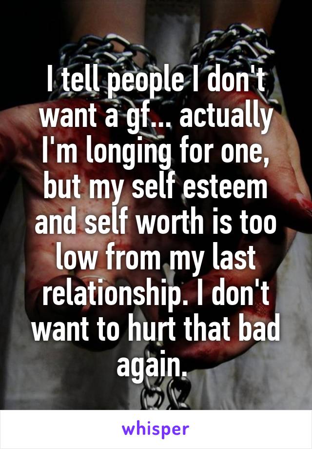 I tell people I don't want a gf... actually I'm longing for one, but my self esteem and self worth is too low from my last relationship. I don't want to hurt that bad again. 