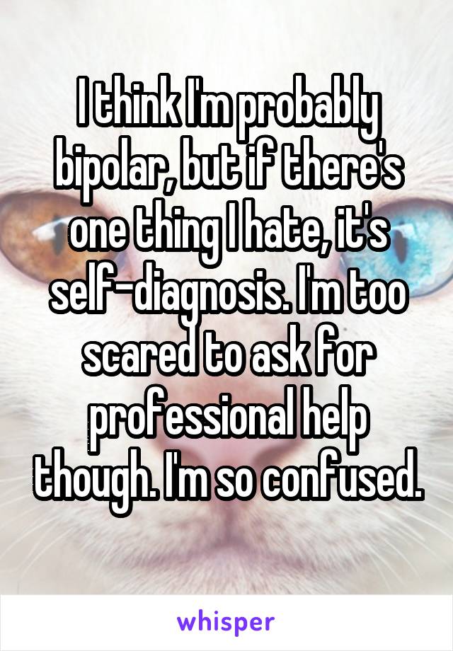 I think I'm probably bipolar, but if there's one thing I hate, it's self-diagnosis. I'm too scared to ask for professional help though. I'm so confused. 