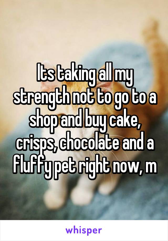 Its taking all my strength not to go to a shop and buy cake, crisps, chocolate and a fluffy pet right now, m