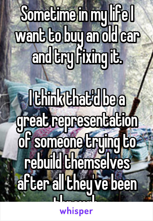 Sometime in my life I want to buy an old car and try fixing it.

I think that'd be a great representation of someone trying to rebuild themselves after all they've been through.