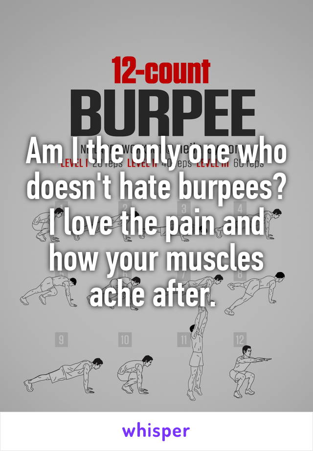 Am I the only one who doesn't hate burpees? I love the pain and how your muscles ache after. 