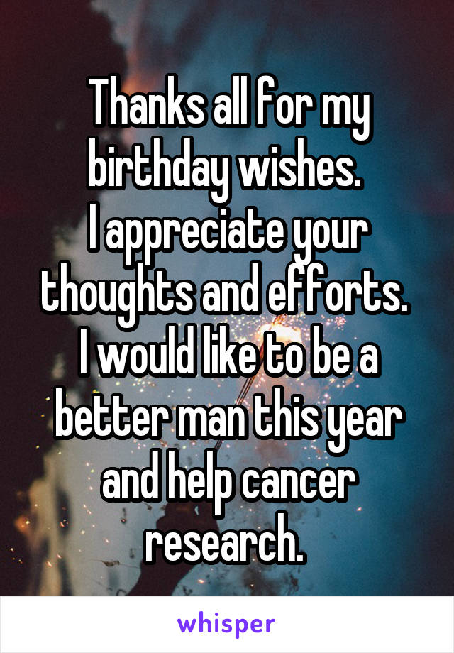Thanks all for my birthday wishes. 
I appreciate your thoughts and efforts. 
I would like to be a better man this year and help cancer research. 