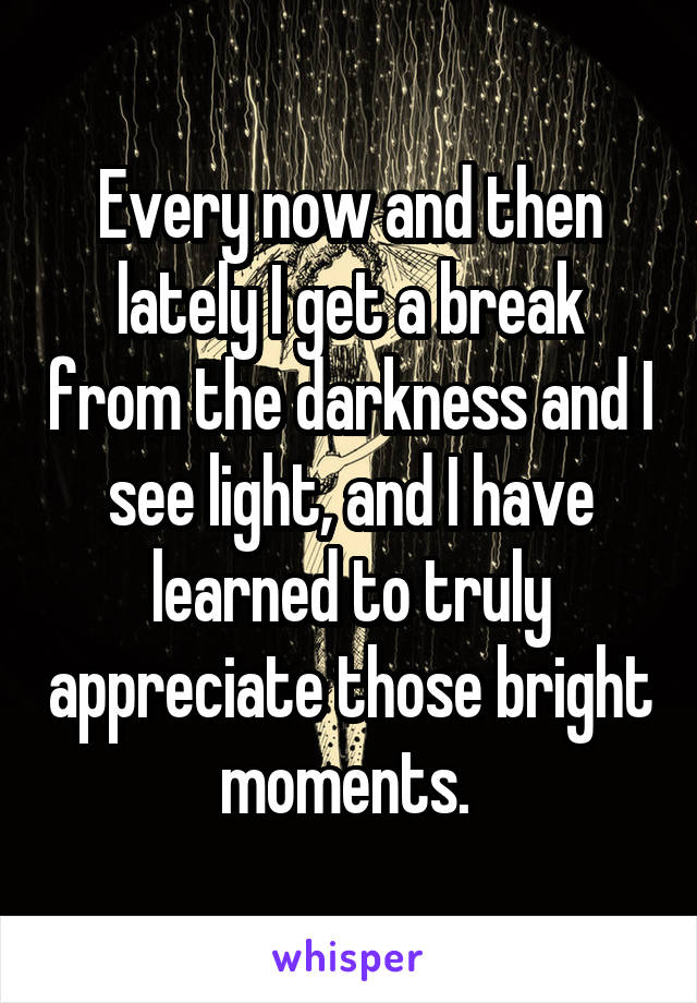 Every now and then lately I get a break from the darkness and I see light, and I have learned to truly appreciate those bright moments. 