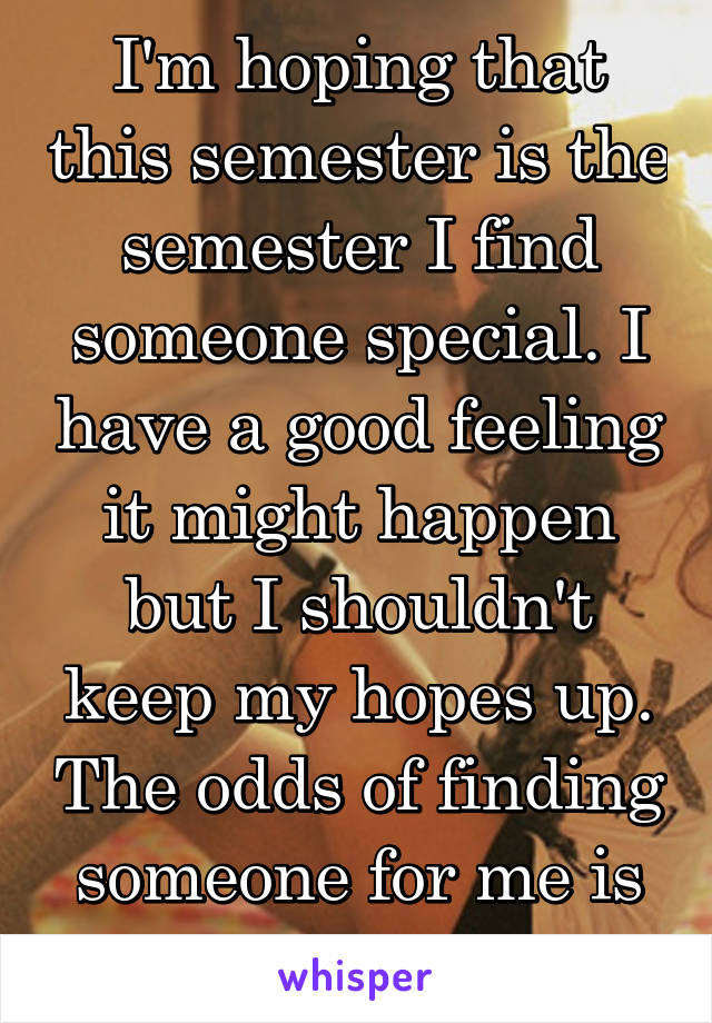 I'm hoping that this semester is the semester I find someone special. I have a good feeling it might happen but I shouldn't keep my hopes up. The odds of finding someone for me is slim...