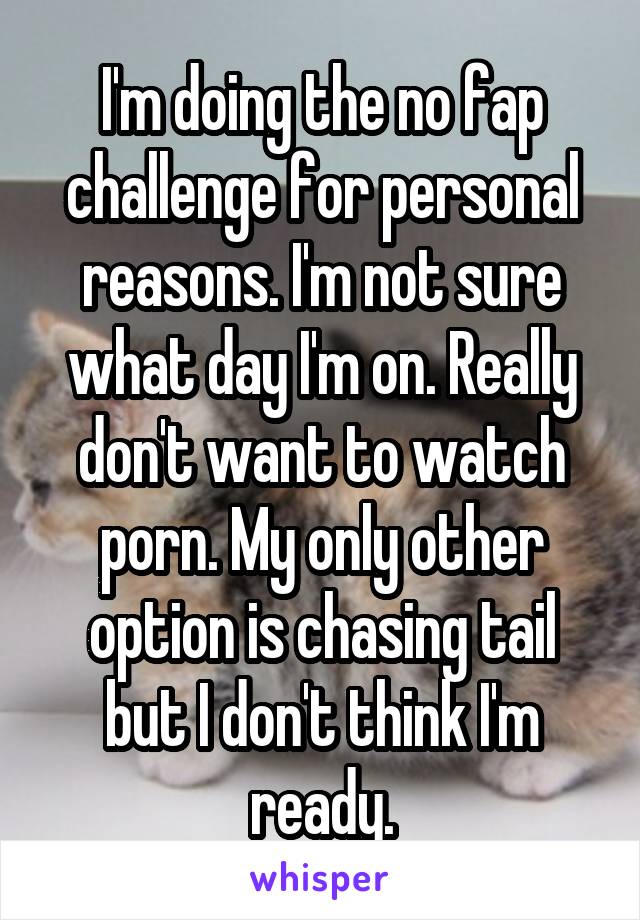 I'm doing the no fap challenge for personal reasons. I'm not sure what day I'm on. Really don't want to watch porn. My only other option is chasing tail but I don't think I'm ready.