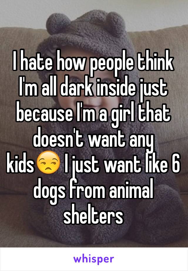 I hate how people think I'm all dark inside just because I'm a girl that doesn't want any kids😒 I just want like 6 dogs from animal shelters 