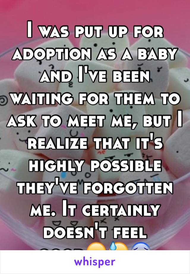 I was put up for adoption as a baby and I've been waiting for them to ask to meet me, but I realize that it's highly possible they've forgotten me. It certainly doesn't feel good😞😓😰