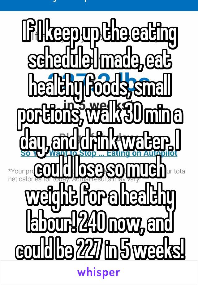 If I keep up the eating schedule I made, eat healthy foods, small portions, walk 30 min a day, and drink water. I could lose so much weight for a healthy labour! 240 now, and could be 227 in 5 weeks!