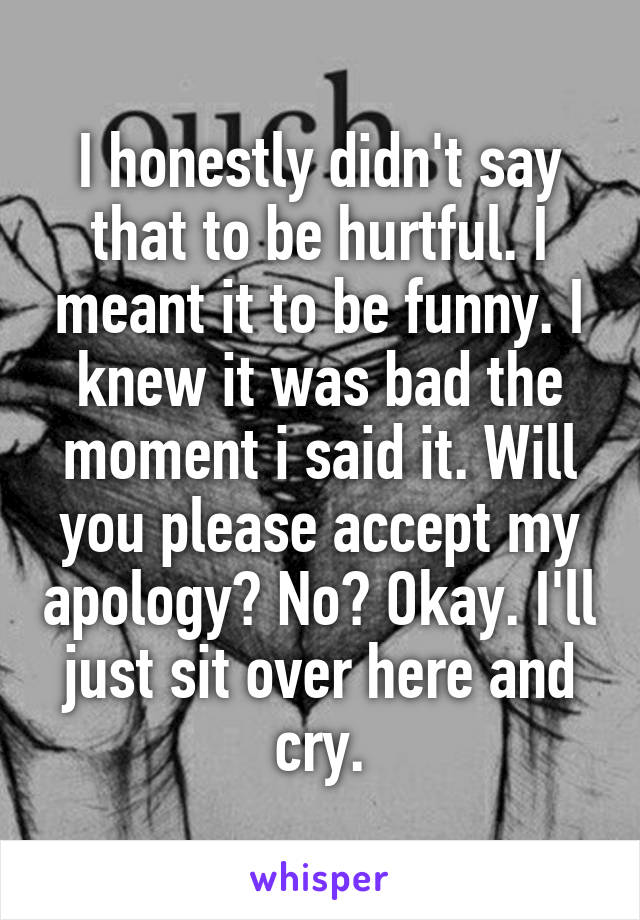 I honestly didn't say that to be hurtful. I meant it to be funny. I knew it was bad the moment i said it. Will you please accept my apology? No? Okay. I'll just sit over here and cry.