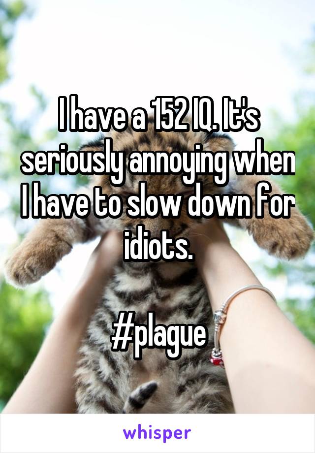 I have a 152 IQ. It's seriously annoying when I have to slow down for idiots.

 #plague 