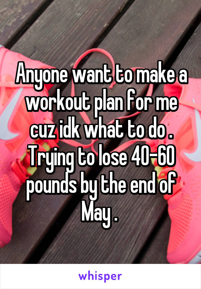 Anyone want to make a workout plan for me cuz idk what to do . Trying to lose 40-60 pounds by the end of May . 
